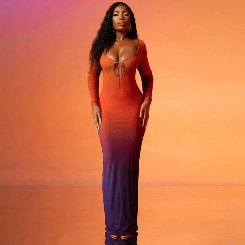 

Женское облегающее платье с длинным рукавом и открытой спиной, с градиентным принтом