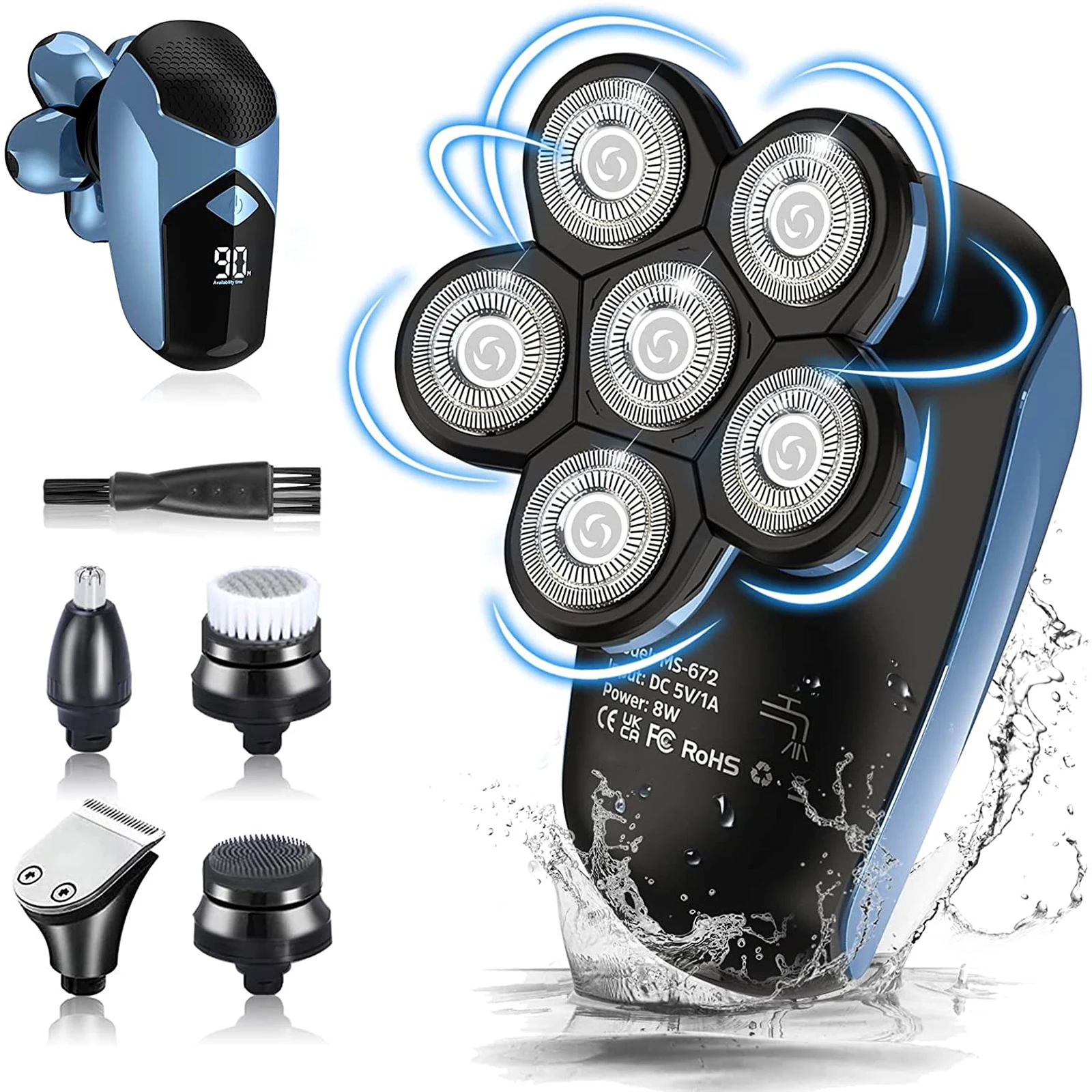 

Beard Trimmer LED 6-Heads Cordless USB Rotary Shaver for Men Beard Hair Trimmer