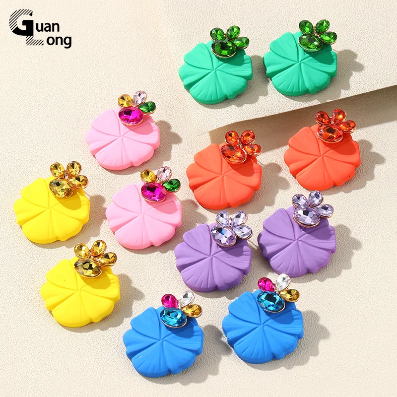 

GuanLong New Large Crystal Stud Earrings for Women Flower Colorful Resin Big Earring Party Korean Ear Jewelry Lotus Leaf Brincos