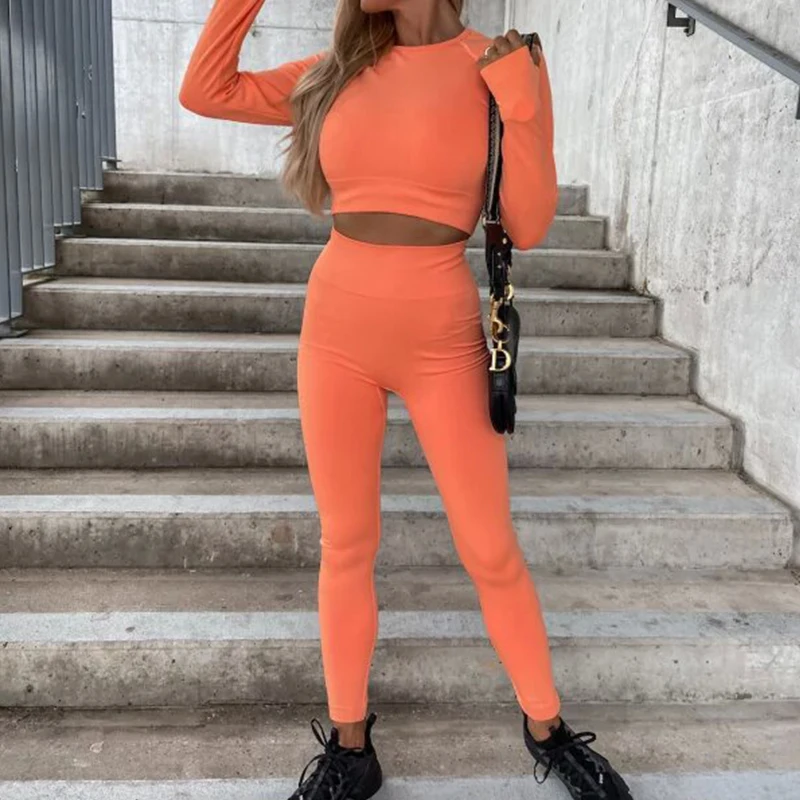 

Women Fashion Bodycon Long Pant Suit Casual O-neck Pullover Top & Long Pant Outfits Elegant Tracksuit Solid Skinny Two Piece Set
