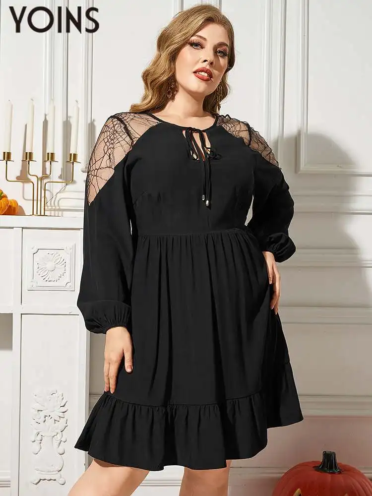 YOINS Plus Size Elegant Dress 2023 Fashion Long Sleele Evening Party Vestidos Casual Lace Up Loose Pleated Holiday Sundress Robe