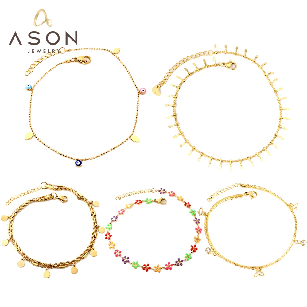 

ASONSTEEL Stainless Steel Chain Anklet Bracelets Mixed Color Turkey Evil Eye Round Ball Beads For Women Beach Summer Leg Jewelry