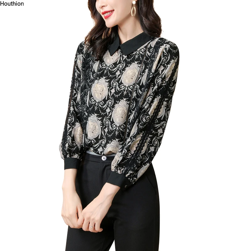 

Houthion Women's Blouse Long Sleeve Top Casual Summer 2021 New Shirt Lapel Printing Splicing Fashion Blouses