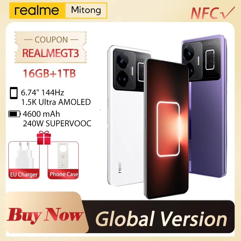 

Realme GT3 5G smartphone IMX890 Camera Snapdragon 8 Gen 1 240W SUPERVOOC Charge 144Hz 1.5K 6.74'' AMOLED Display 16GB+1TB NFC