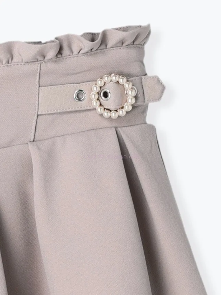 Solid Color Pearl Buckle Waist-Tight Shorts Skirt for Lady Ruffled High Waist Skirt Fashion Japanese Style Summer Women's Skirts