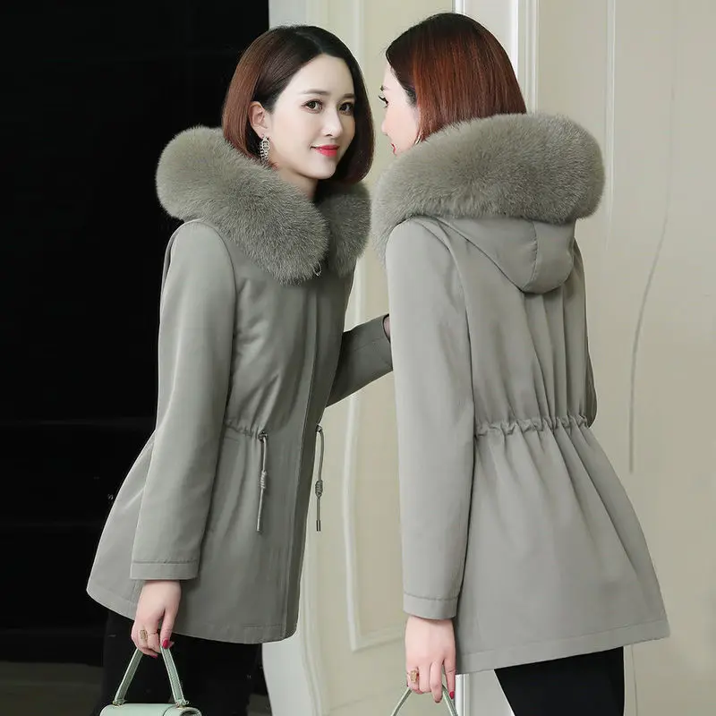 

Woman Fur Hooded Collar Parkas Female Fashion Solid Coats Elegant Cotton Padded Jackets Ladies Zipper Snow Outerwear Parkas G279