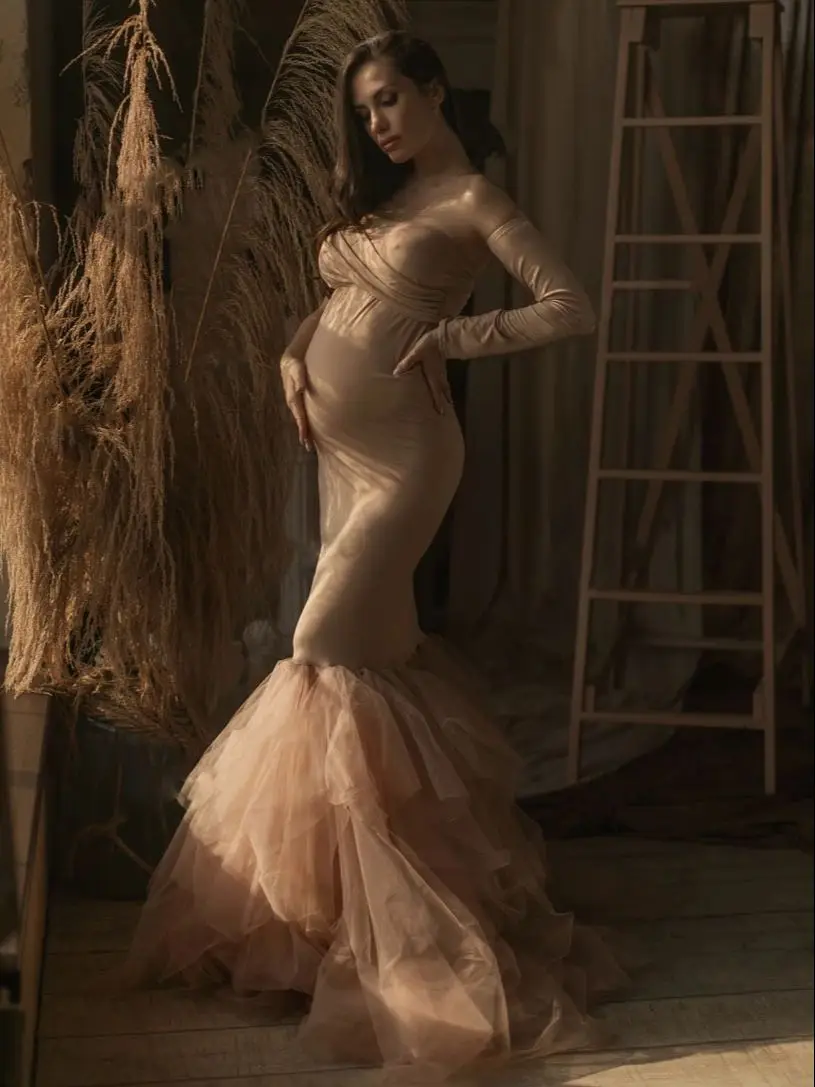 

Khaki Mermaid Maternity Dresses for Photography Strapless Ruffled Tulle Pregnancy Gowns Custom Made Photo Shoot Dress
