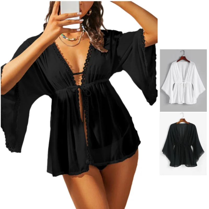 

2023 Women's V-drawstring chiffon crocheted sunscreen beach loose shawl blouse