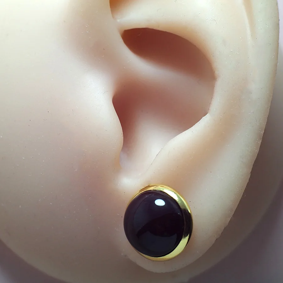 

12mm Ear Studs,Gold Color Plated Brass,Black Agate Stone Cartilage Piercing Jewelry-1pairs