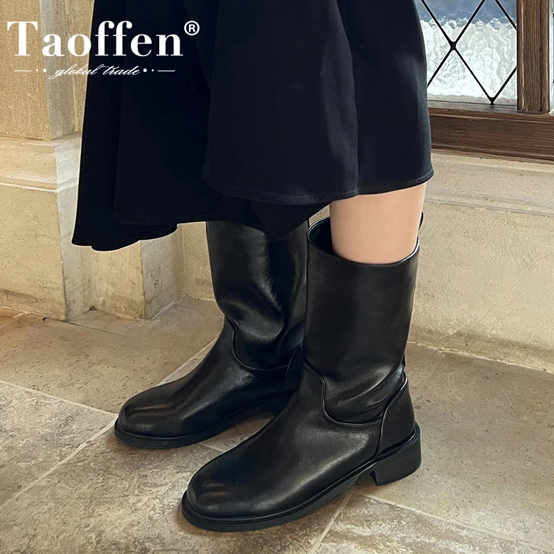 

Taoffen Women Mid Calf Boots 2023 Real Leather Winter Shoes For Woman Flat Heel Daily Short Boots Female Footwear Size 34-39