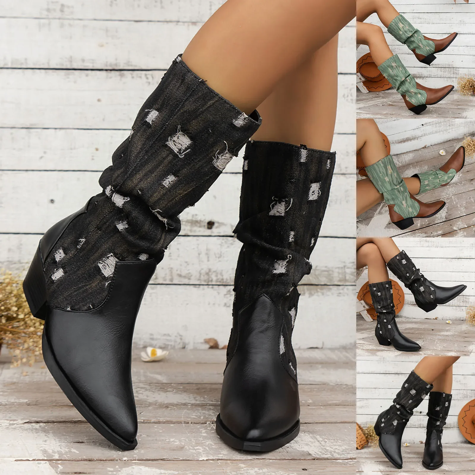 

Ladies Casual Pointed Toe Leather Boots New Fabric Patchwork Long Boots Chunky Heel Western Vintage Mid Calf Boots for Women