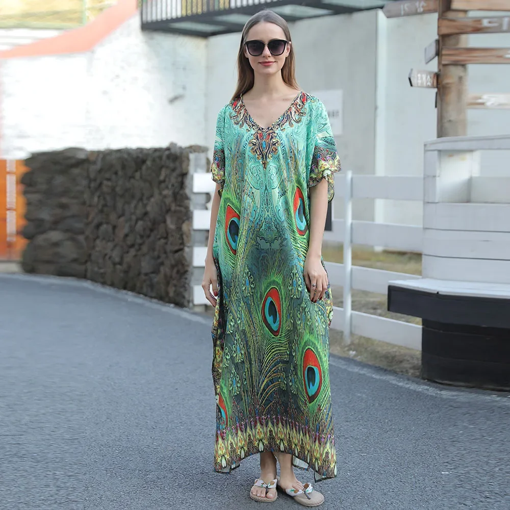 Весна-лето 2025 г. свободный халат с зеленым принтом перьев пляжная юбка бикини