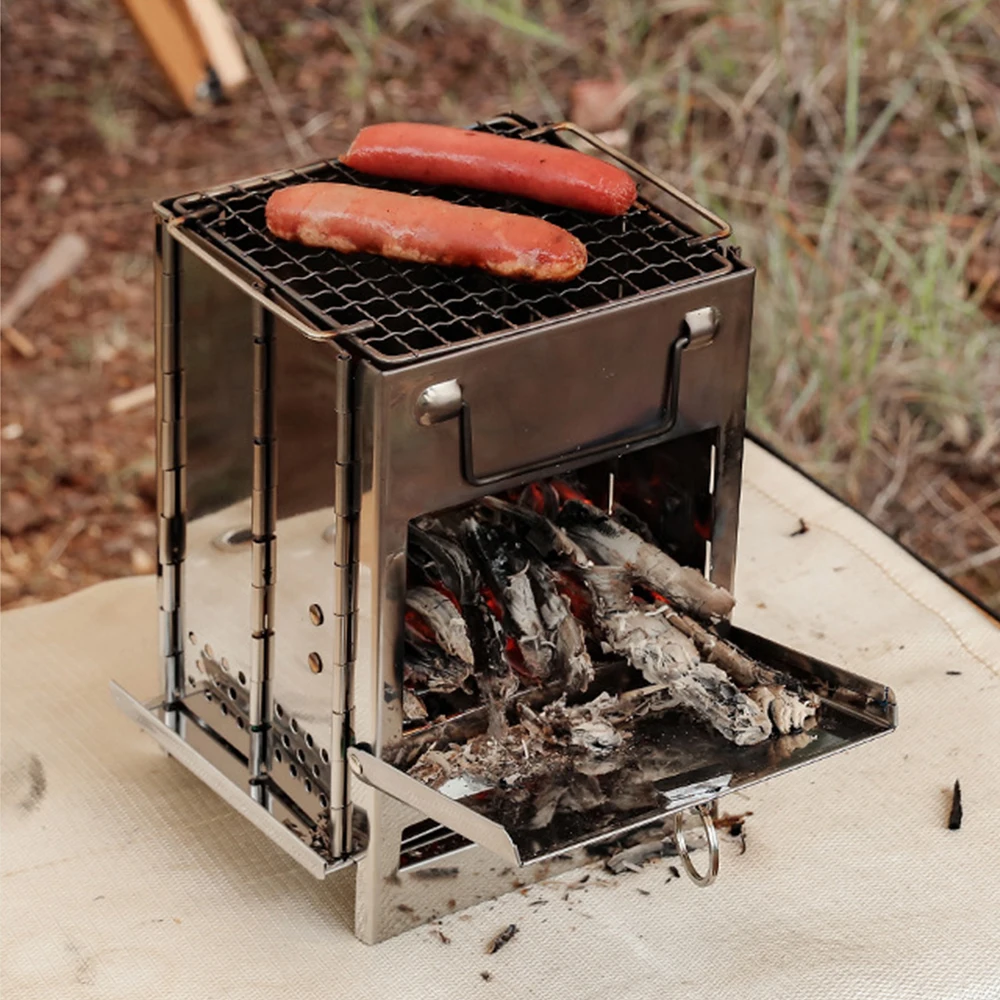 

2023 Outdoor Folding Firewood Stove Mini Stainless Steel Oven BBQ Camping Picnic Folding Charcoal Stove Outdoor Barbecue Grill