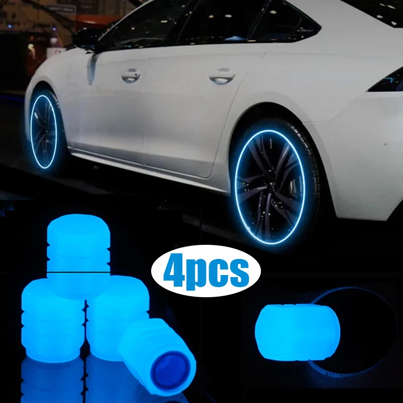 4Pcs Luminous Valve Caps Fluorescent Blue Green Car Tire Valve Caps Motorcycle Bike Universal Tyre Glowing Cap Decor Accessories