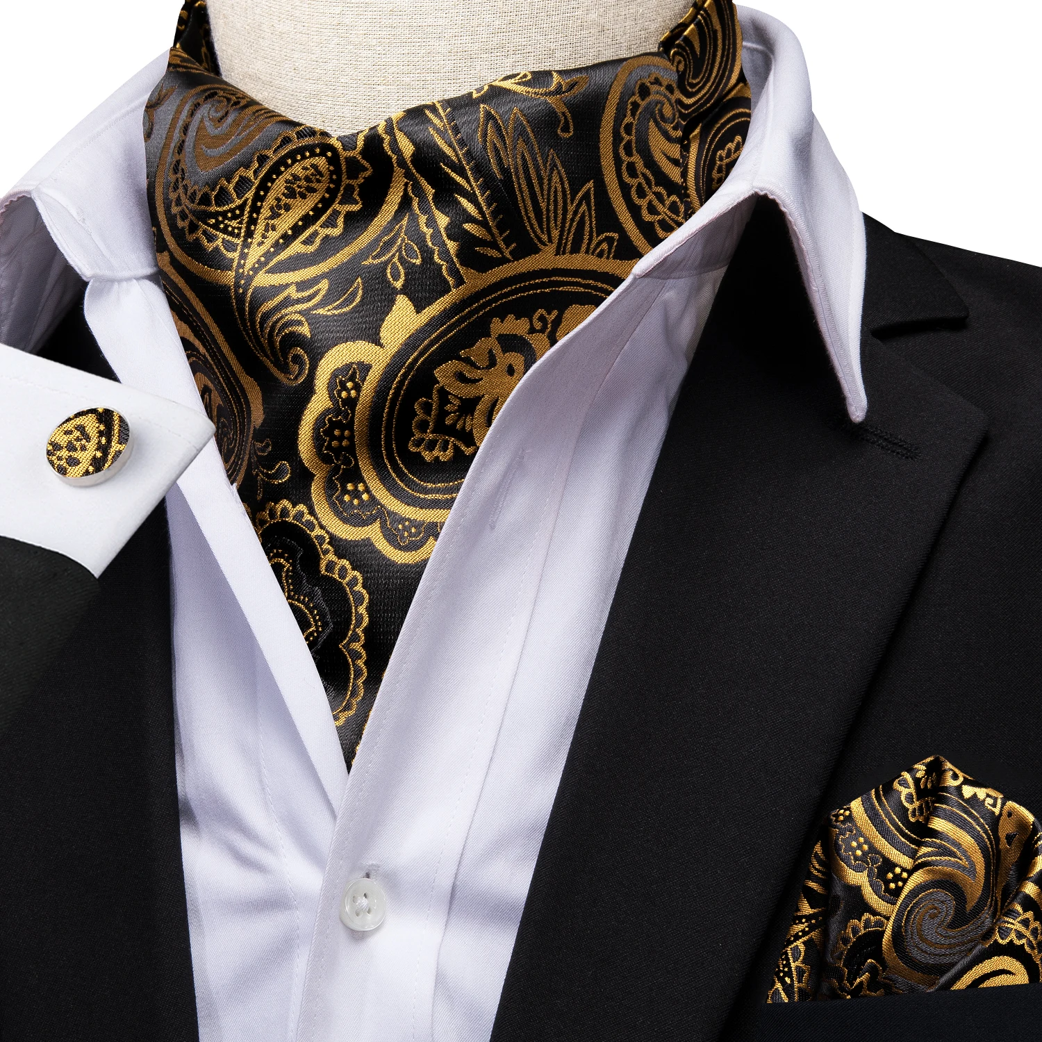 Hi-Tie Jacquard Silk Gold Black Paisley Mens Shirts Ascot Set Long Sleeve Shirt Cravat Hanky Cufflinks For Men Wedding Office XL