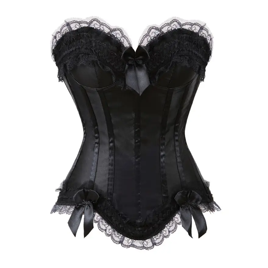 Sexy Striped Overbust Corset Top Lace Bowknot Decorated Ladies Satin Halloween Costume Clubwear Showgirl Body Shaper Plus Size