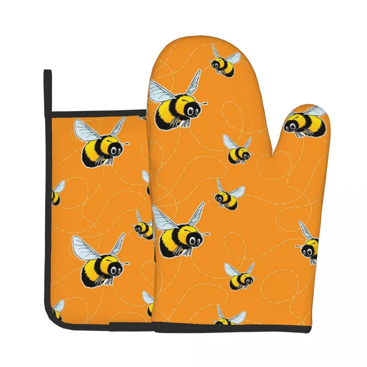 

Happily Bumbling Bumble Bee Kitchen Gloves Baking Oven Cooking Oven Mitts Polyester Potholder Mat Stove Gloves Microwave
