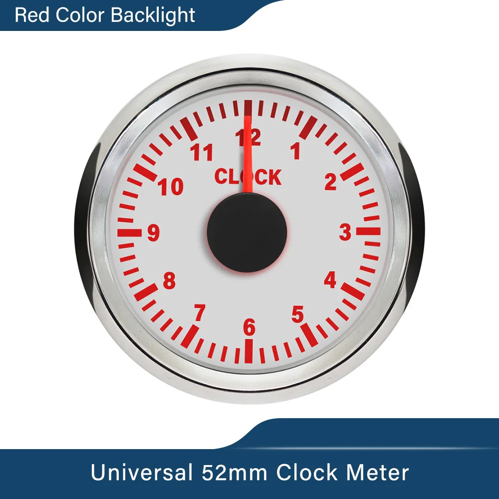 

52mm 2" Clock Meter Gauge New Universal 12-hour Format with Red Backlight 12V/24V For Boat Car
