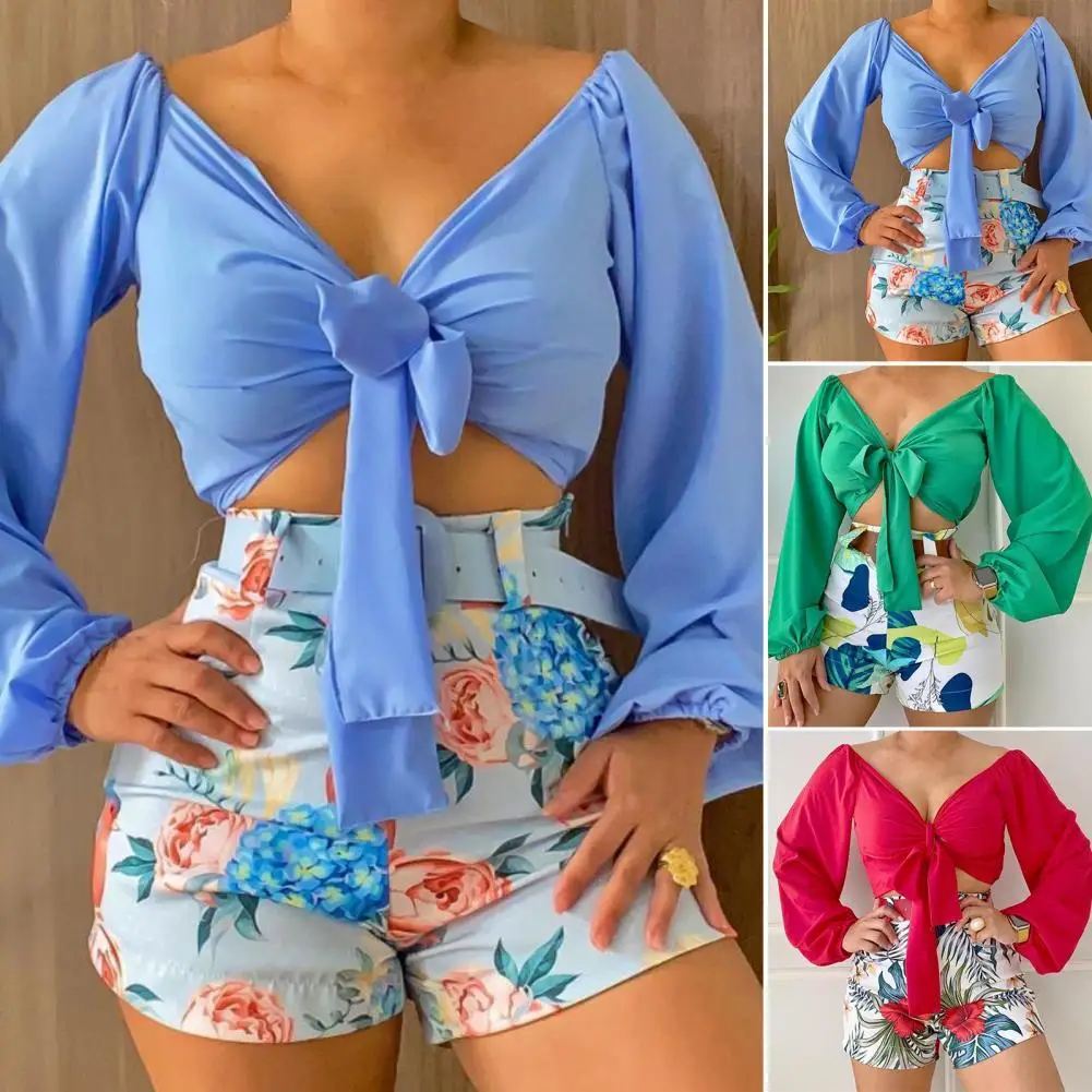 

2Pcs/Set Ladies Suit V Neck Tie Belt Streetwear Flower Print Shirt Shorts Outfits for Daily Life