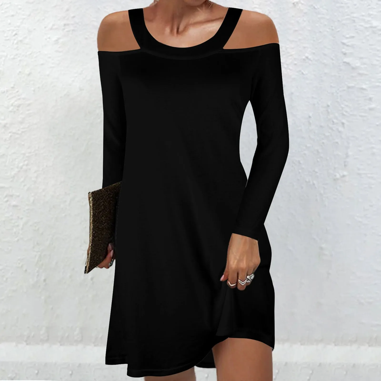 

Dress For Women Fashion O Neck Cold Shoulder Long Sleeve Solid Slim Fit Dress Straight Long Dress Dress Tall Hot Ladies Dress