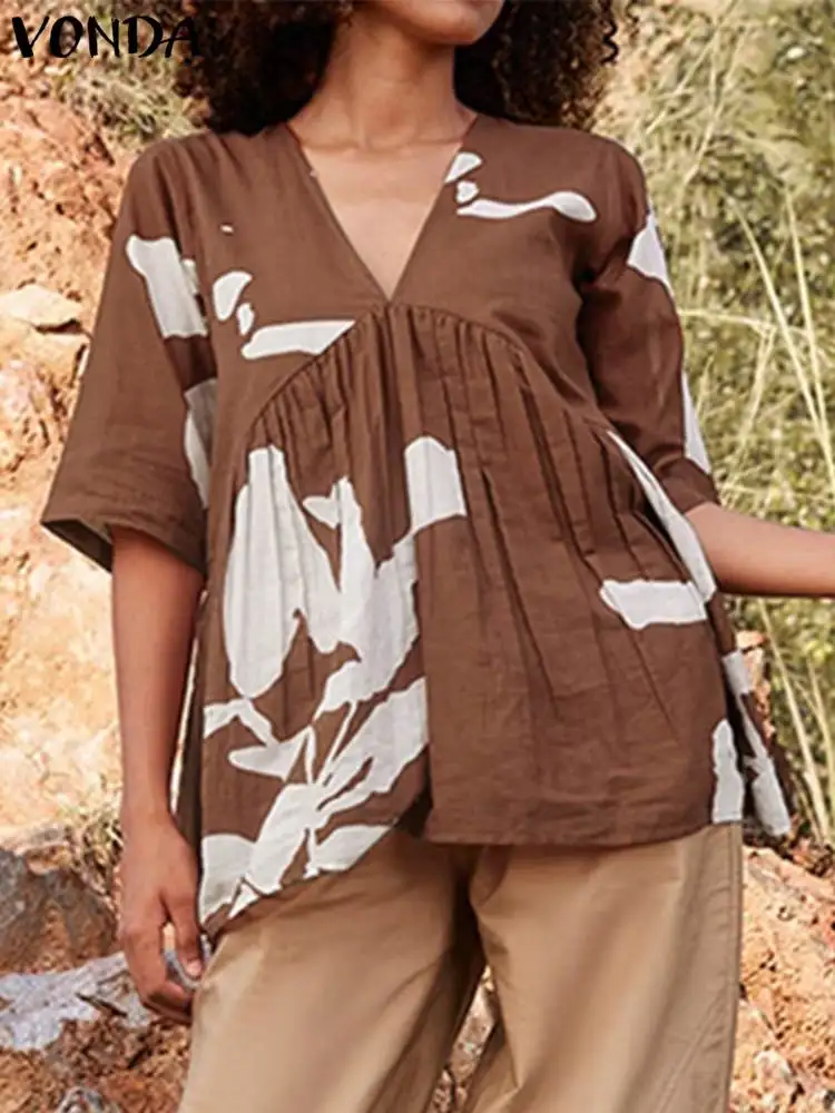 

Женская блузка VONDA в стиле ретро, Летняя туника 2023 с коротким рукавом, топы с принтом, повседневные свободные плиссированные рубашки с V-образным вырезом, свободные богемные блузы