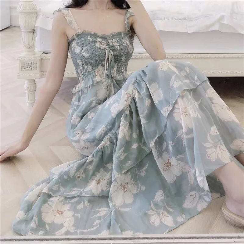 

Женское шифоновое платье на бретелях-спагетти, свободное тонкое ТРАПЕЦИЕВИДНОЕ винтажное платье во французском стиле без рукавов, лето 2020