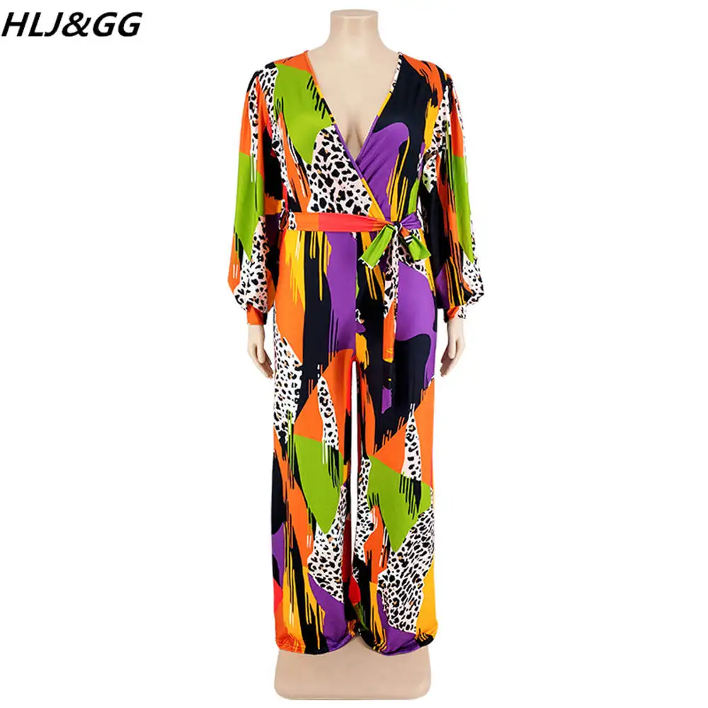 HLJ&GG Fashion Streetwear Geometric Pattern Print Jumpsuits Women Sexy V Neck Long Sleeve Playsuits Fall Female Overalls Rompers