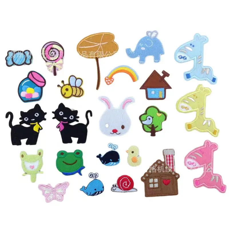 

100pcs/Lot Small Embroidery Patch Frog Rabbit Cat Whale Snail Bird Elephant Rainbow Bee Lotus Pony Clothing Decoration Applique