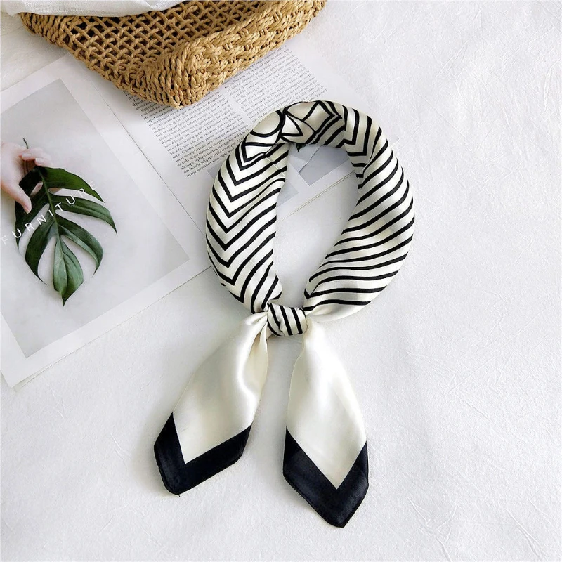 

2023 Spring and Autumn New Striped Silk Scarf Women 70*70cm Soft Small Wrap Shawl Outdoor Neck Hair Decorate Kerchief Hijab Lady