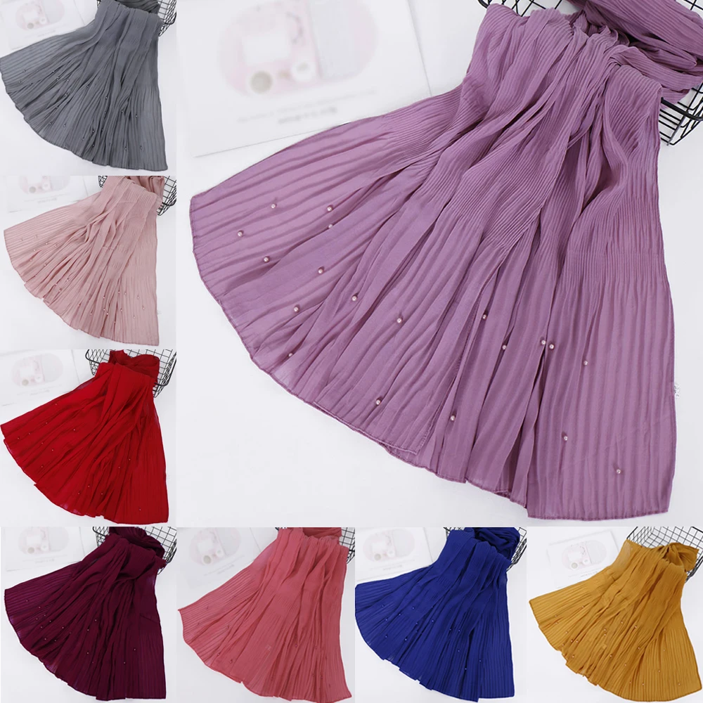 

Fashion Wrinkle Pleated Chiffon Pearls Hijab Scarf Malaysia Islamic Women Long Shawl Crinkle Head Scarf Muslim Headband 85*180cm