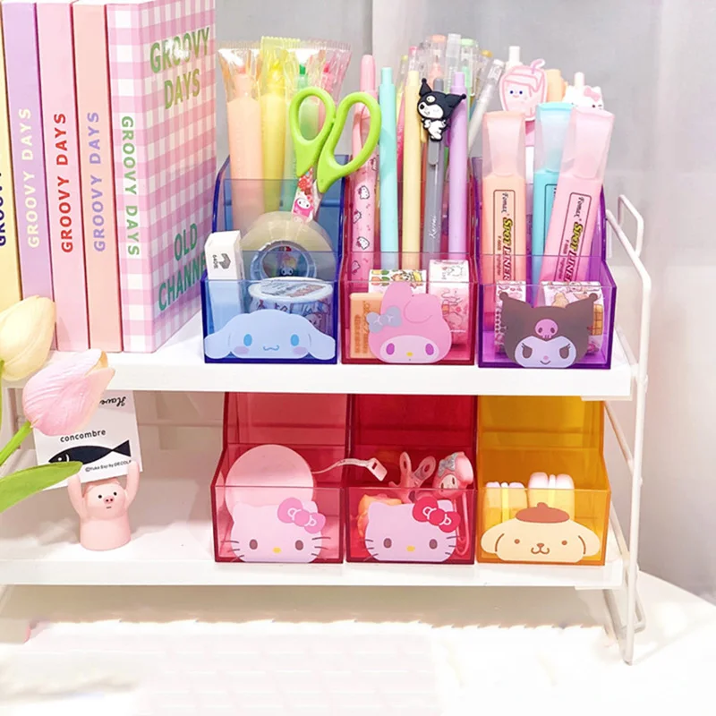 

Sanrioed Cartoon Desktop Opbergdoos Anime Kawaii Melody Cinnamoroll Kuromi Transparante Pennenhouder Make Borstel Afwerking Doos
