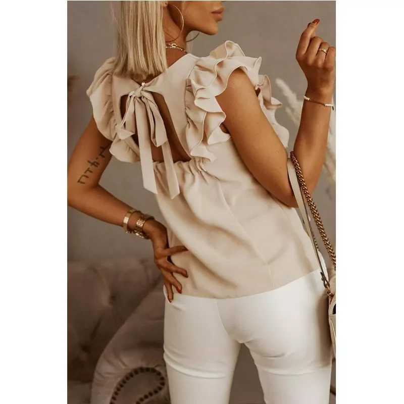 

Ruffle Short Sleeve Backless Lace Up Women Blouse Solid Oversize O-neck Lady Blouses Summer Loose Casual Fashion
