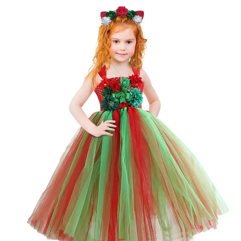 

Рождественское Сетчатое платье, пышные платья для девочек, платья для рождественской вечеринки, длинные платья принцессы с цветами и повяз...