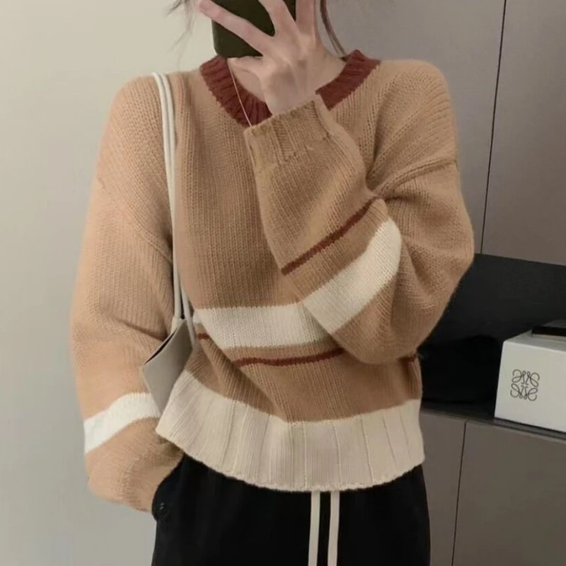 

Korean Fashion Sweet Colorblock Striped Woman Pullover O Neck Long Sleeve Sweater Women Loose Casual Knitting Top Dropshipping
