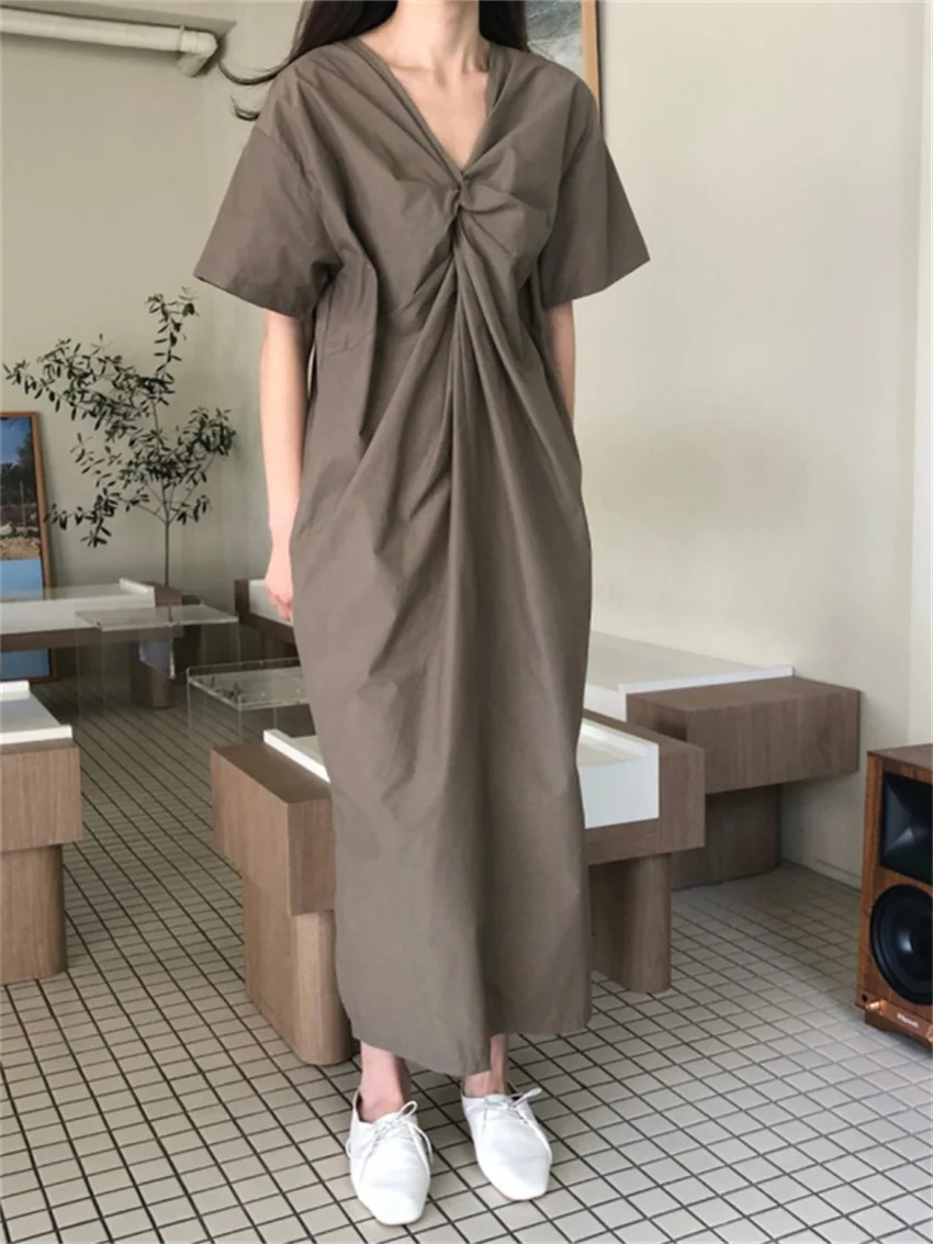 

Summer V-Neck Women Maxi Dress 2022 Loose-Fitting All Match Streetwear Solid Chic Elegant Lady Short Sleeves Slim OL