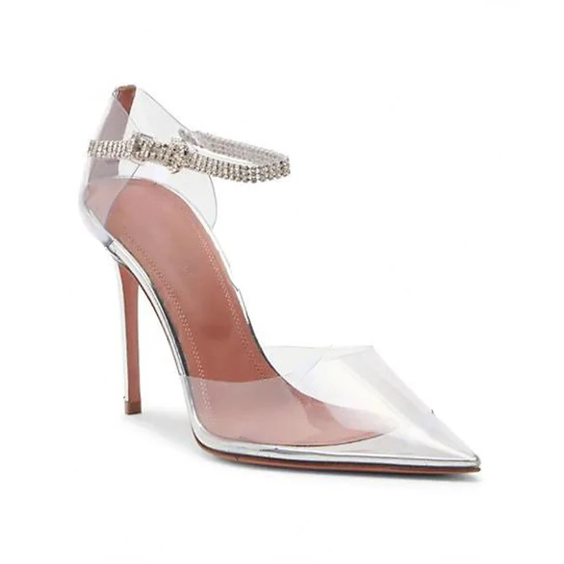 French High-heel Hollow Women's Shoes 2022 Spring Rhinestone Buckle with Pointed Baotou Transparent Stiletto Sandals Women