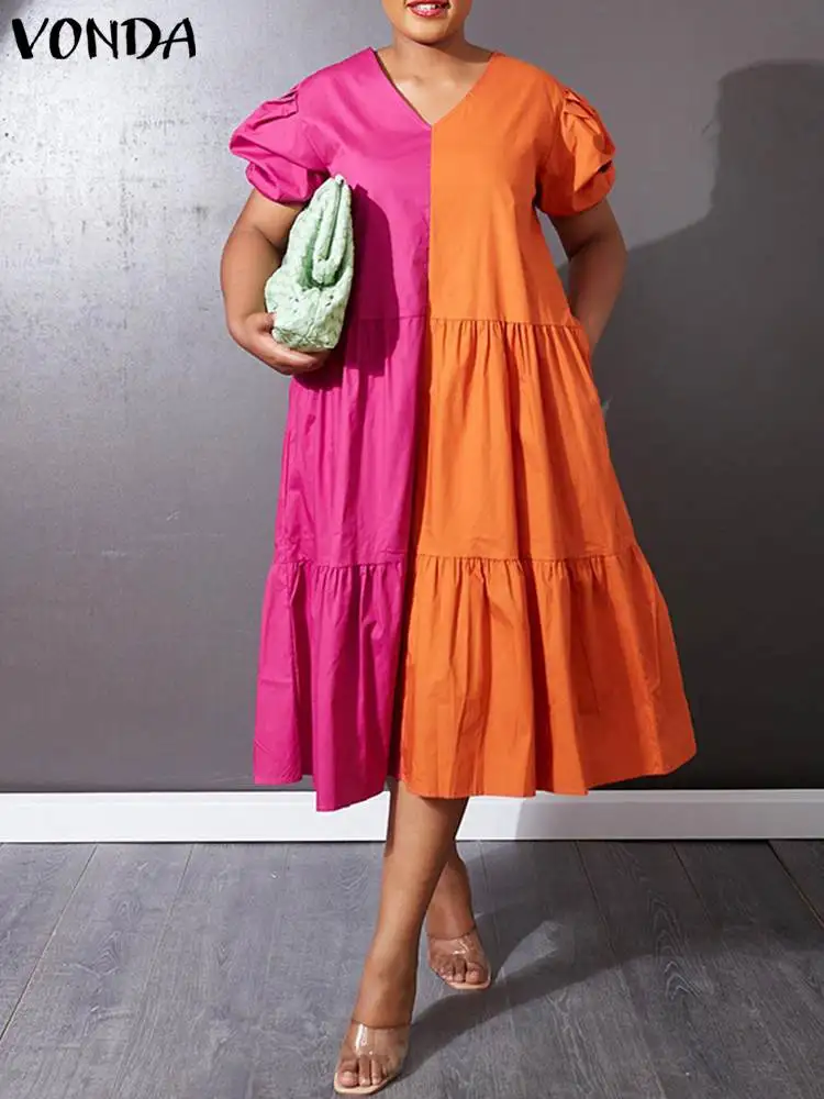 

Holiday Dress VONDA 2022 Women Bohemian Color Patchwork Shirt Dresses Sexy V-Neck Short Puff Sleeve Beach Robe A-Lined Sundress