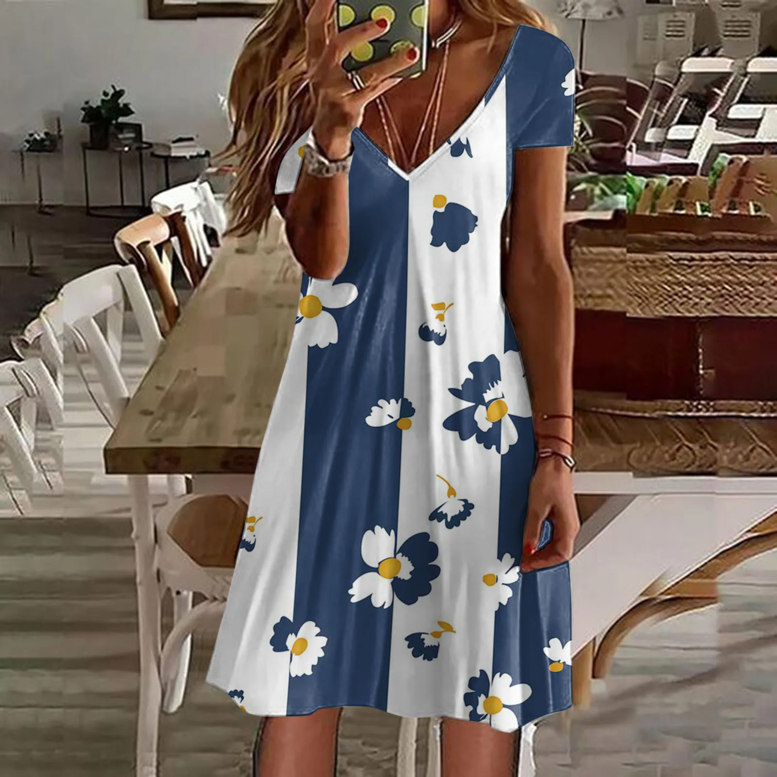 

Ladies Summer Short Sleeve Fashion Dress V Neck Swing Flowy Comfortable Mini Dress