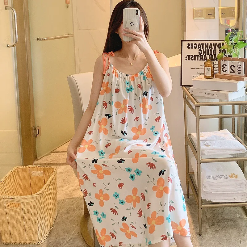 Women's Thin Sweet Leisure Ventilation Night Gown Spaghetti Strap Floral Print Summer Dresses Length To Shank With Two Tape
