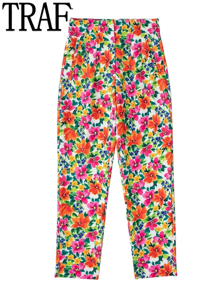 

Брюки TRAF женские с цветочным принтом, повседневные офисные блестящие штаны с завышенной талией, уличная одежда, красные синие, лето 2022