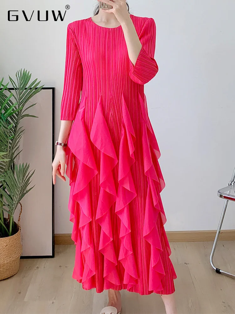 

GVUW Spliced Ruffles Pleated Dress For Women O-neck Three Quarter Sleeve New Autumn 2023 Elegant Female Evening Dresses 17G1863