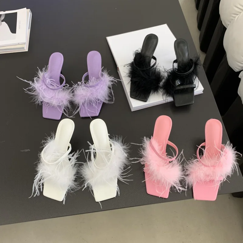 

Female Shoes Low Thin Heels Ladies' Slippers Square Toe Heeled Mules Luxury Slides Fur Flip Flops 2023 High Designer Plush Rome