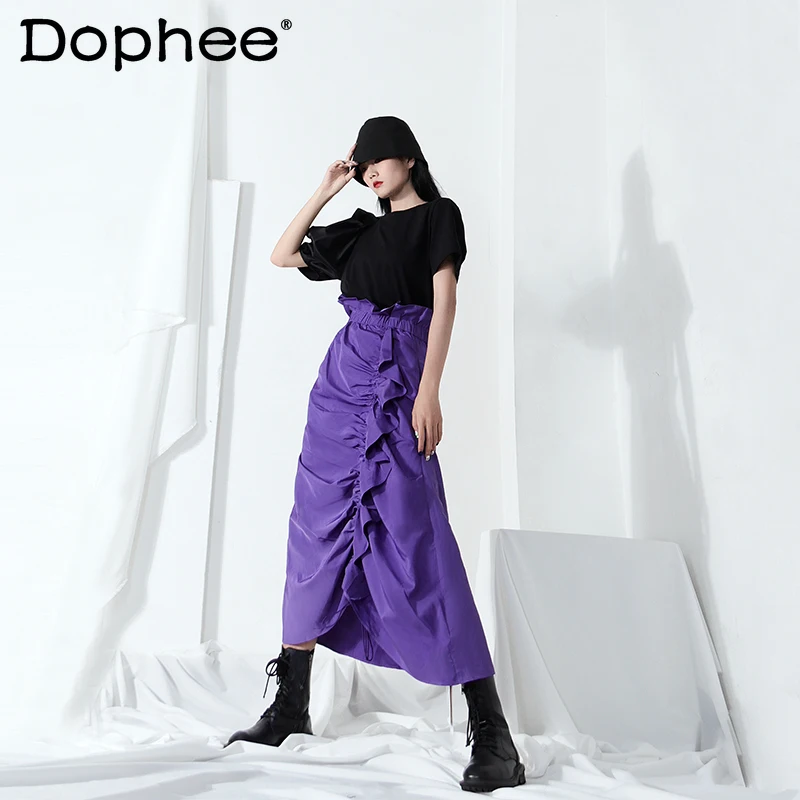 

2022 Spring Summer Irregular Ruffled Patchwork Long Skirt Women's Sexy Two-Way Wear Strapless Dress A- Line Purple Ruched Skirts
