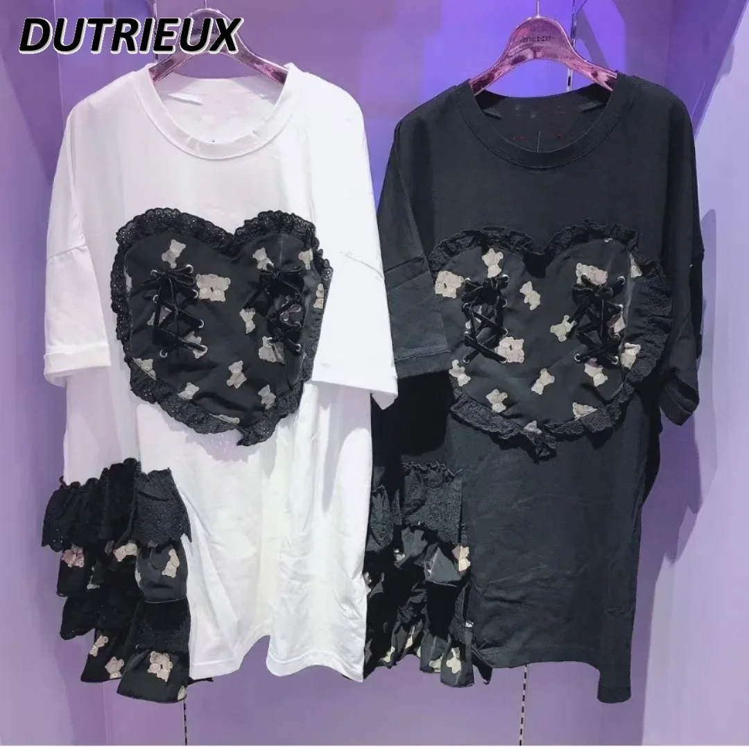 iona w japońskim stylu Słodkie fajne dziewczyny Kreskówka z nadrukiem Okrągły dekolt Top krótkim rękawem Duże serce Luźna koszulka średniej