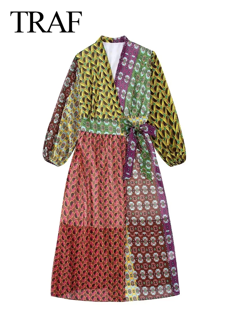 

TRAF Retro Patchwork Printed V-Neck Waist-Up Long-Sleeve Lady Dress Lightweight Translucent Chiffon Lined Women's Dresses