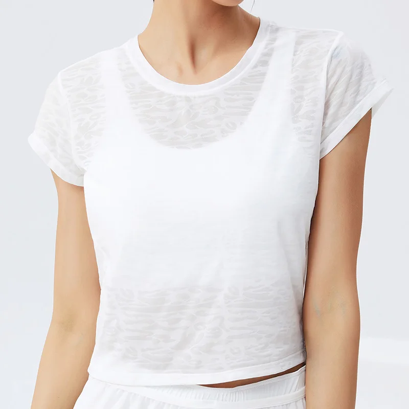 Translucent Cutout Breathable T Shirt Summer New Short Sleeve Loose Run Gym Workout Crop Tops Women Yoga Fitness Sports Shirts