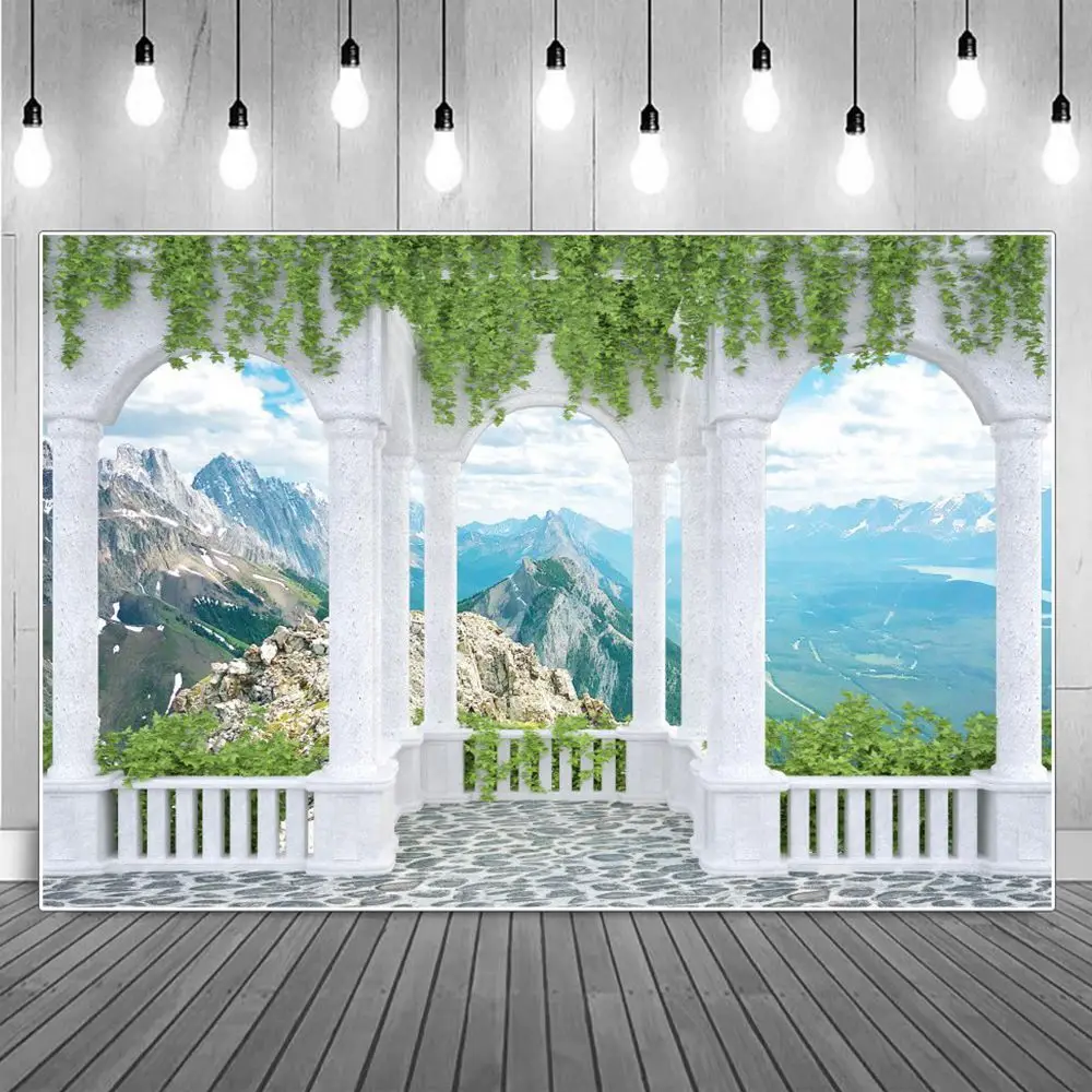 

Vines Arch View Platform Scenic Photography Backgrounds Clouds Sky Mountains Landscape Holiday Party Decoration Photo Backdrops