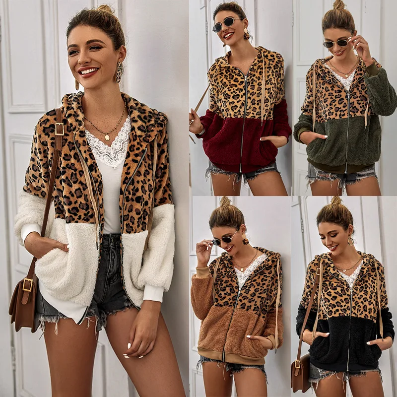 Winter 2021 New women's hoodie leopard print patchwork coat thick wool hoodie hoodie top