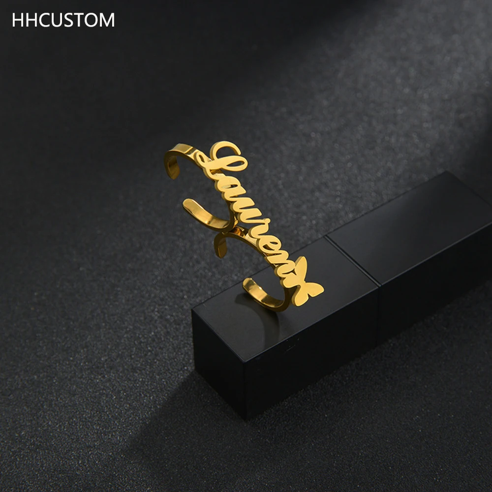 

Двухпальцевое кольцо с именем HHCUSTOM, индивидуальная именная табличка из нержавеющей стали с бабочкой, открытая регулируемая для женщин, юве...