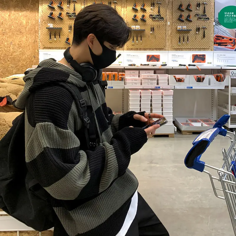 Men's Hoodie Striped Sweater Autumn Korean Version Loose Fashion Slouchy Retro Hooded Pullover Sweater Coat T-shirt Men's Hoodie